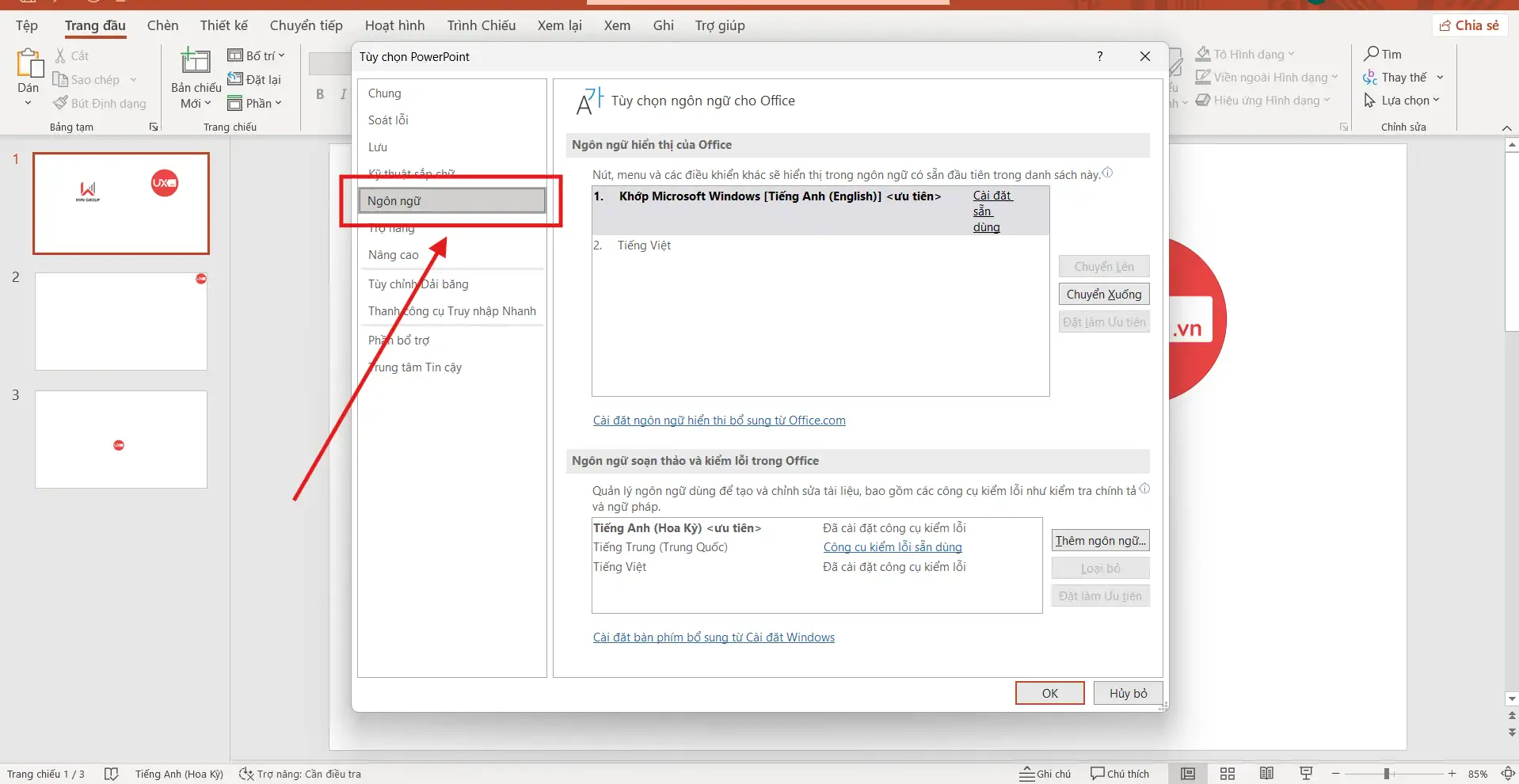 Cách chuyển ngôn ngữ trong PowerPoint