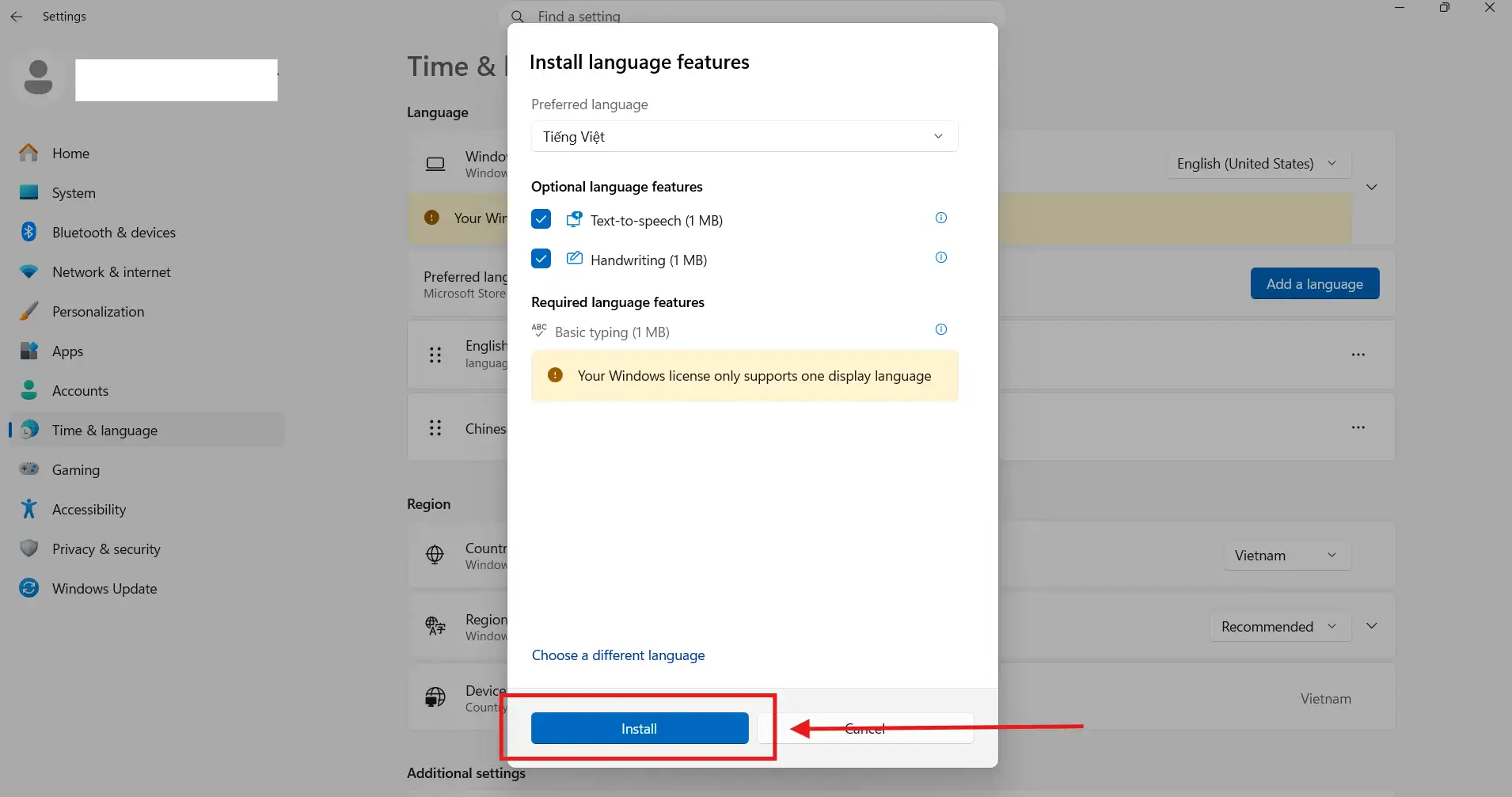 Cài đặt ngôn ngữ tiếng Việt