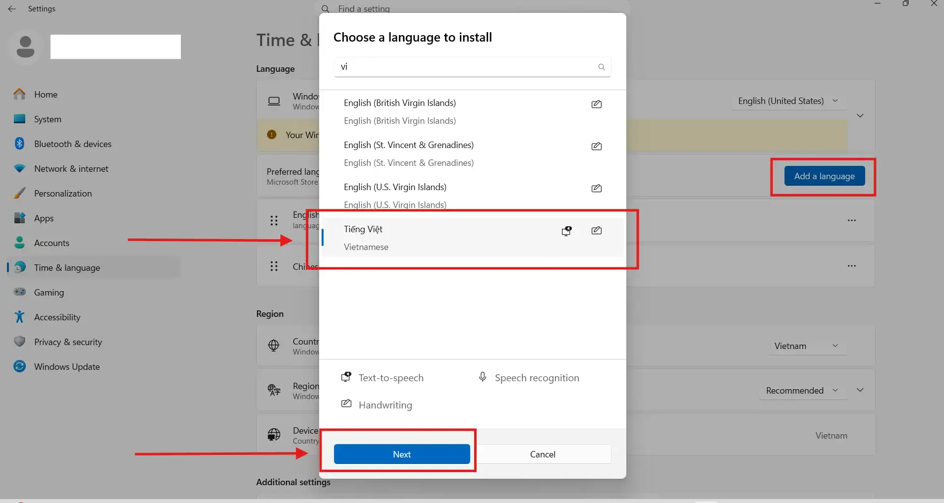 Cài ngôn ngữ tiếng Việt