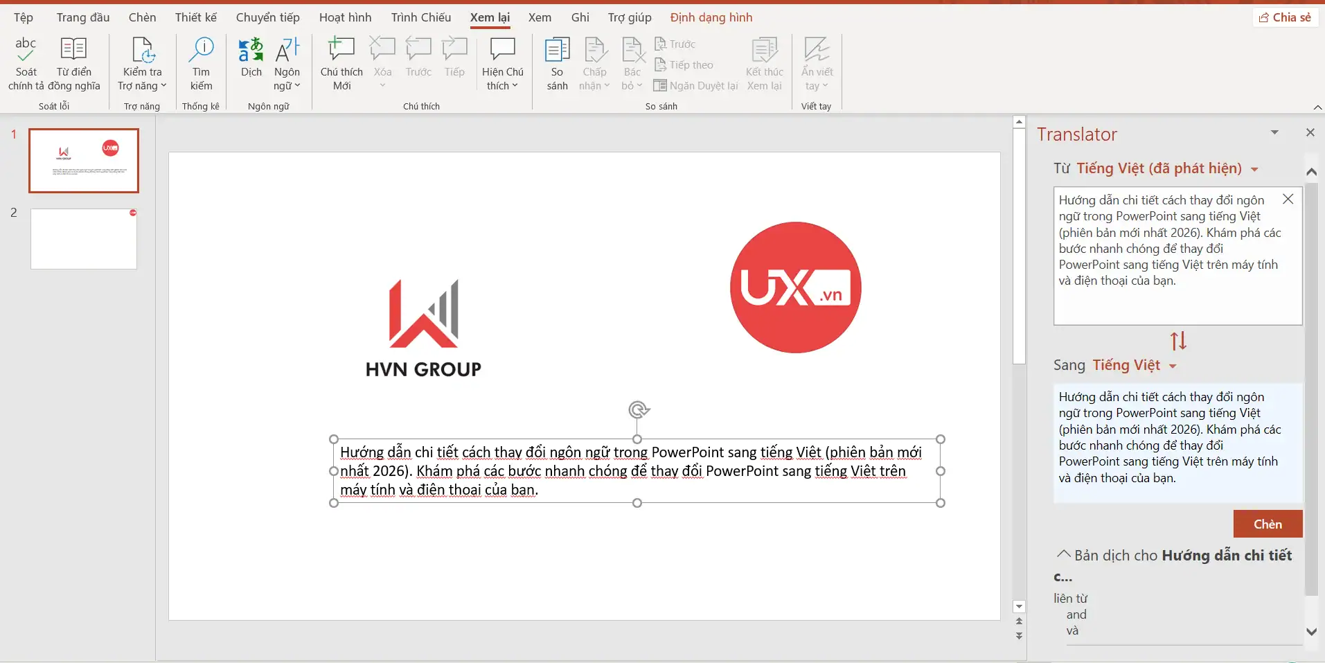 Dùng công cụ dịch trong Ppt