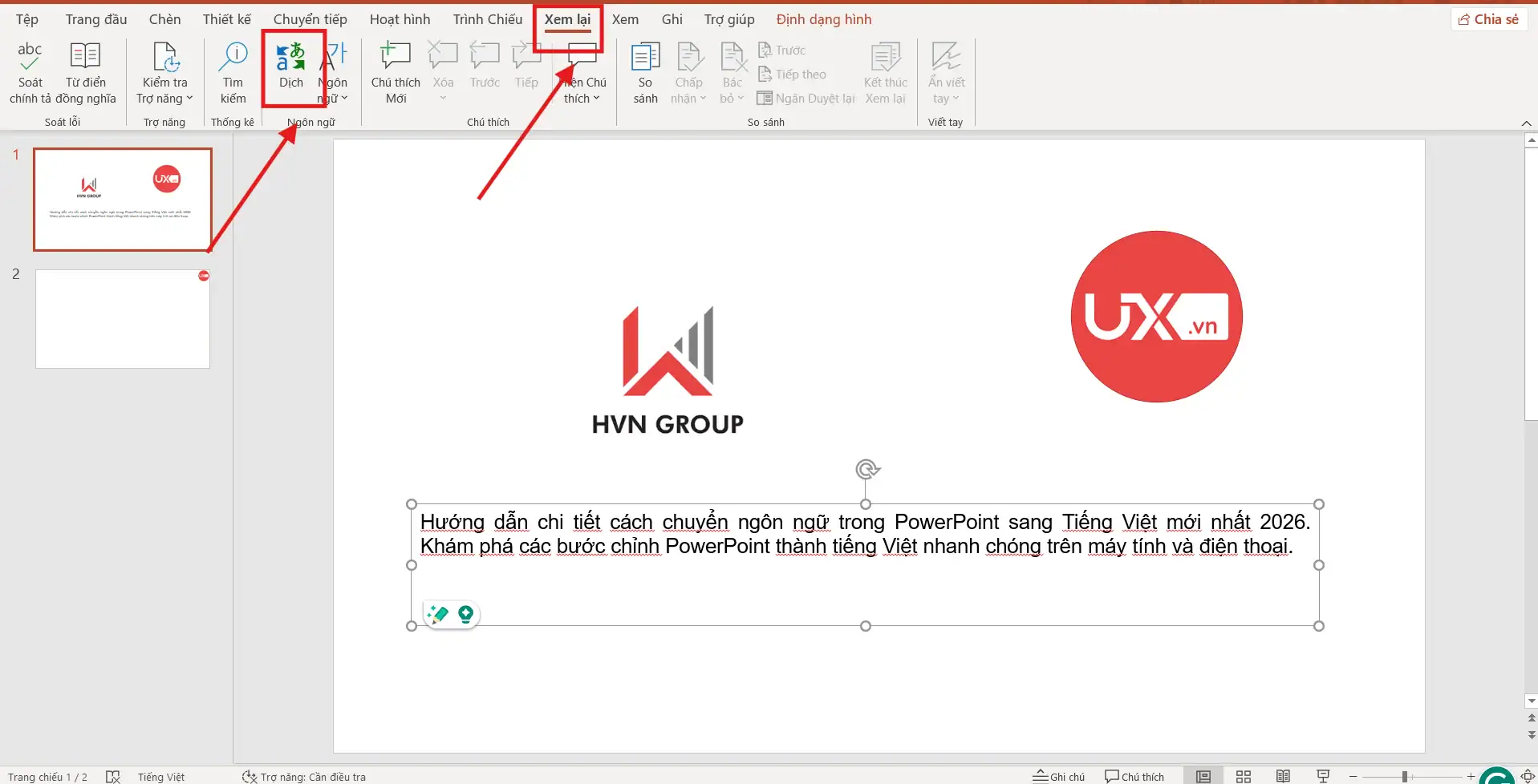 Sử dụng công cụ translator PowerPoint