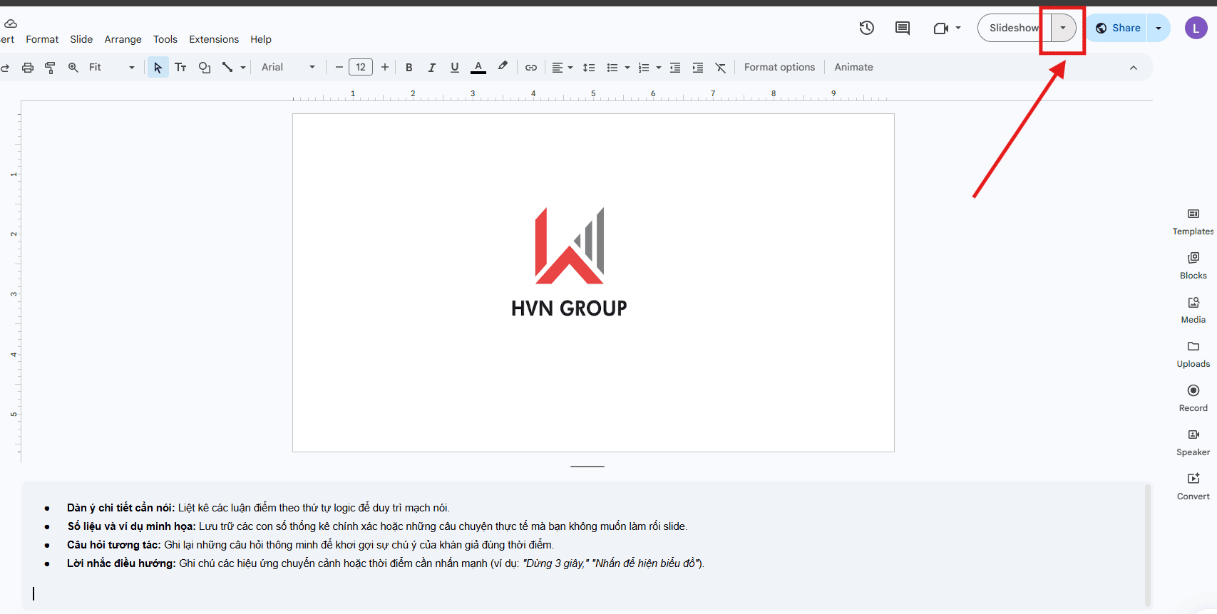 02 Cách thêm ghi chú cho người thuyết trình trong Google Slides 8 Bật ghi chú trong Google Slides