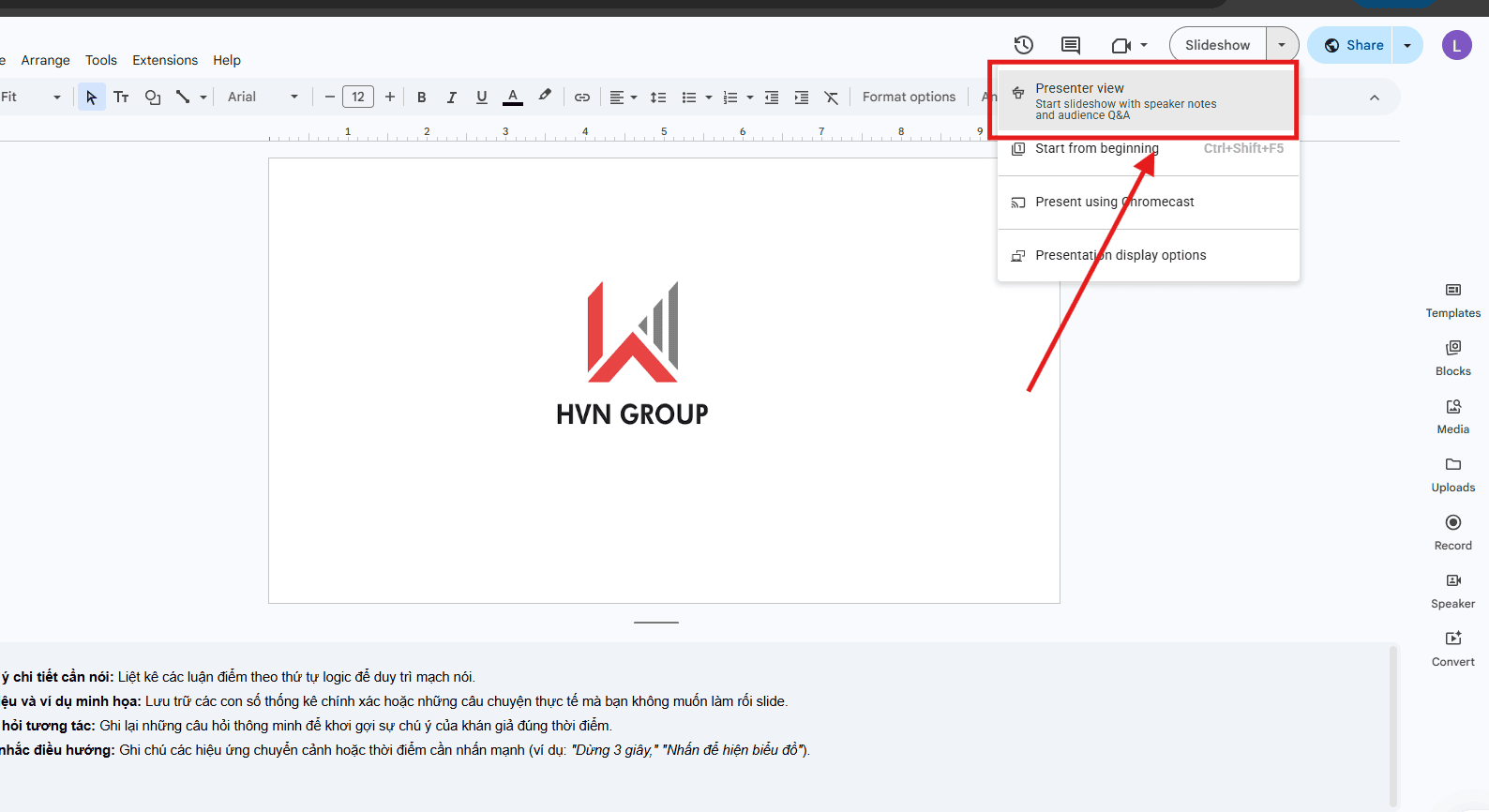 02 Cách thêm ghi chú cho người thuyết trình trong Google Slides 9 Ghi chú cho người thuyết trình trong Google Slides