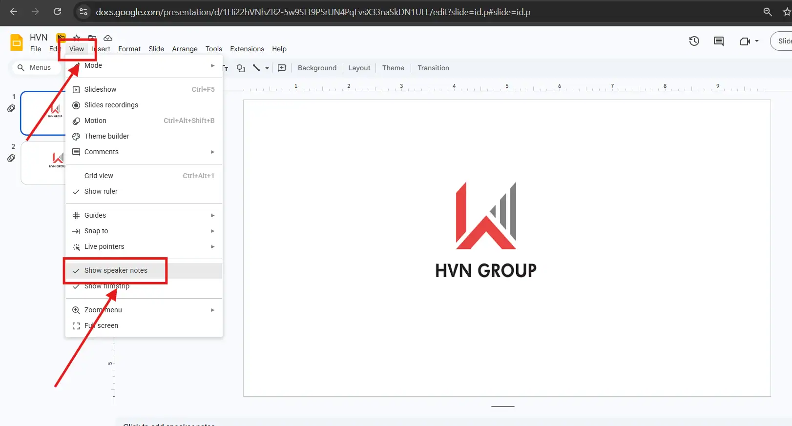 02 Cách thêm ghi chú cho người thuyết trình trong Google Slides 6 Presenter Notes