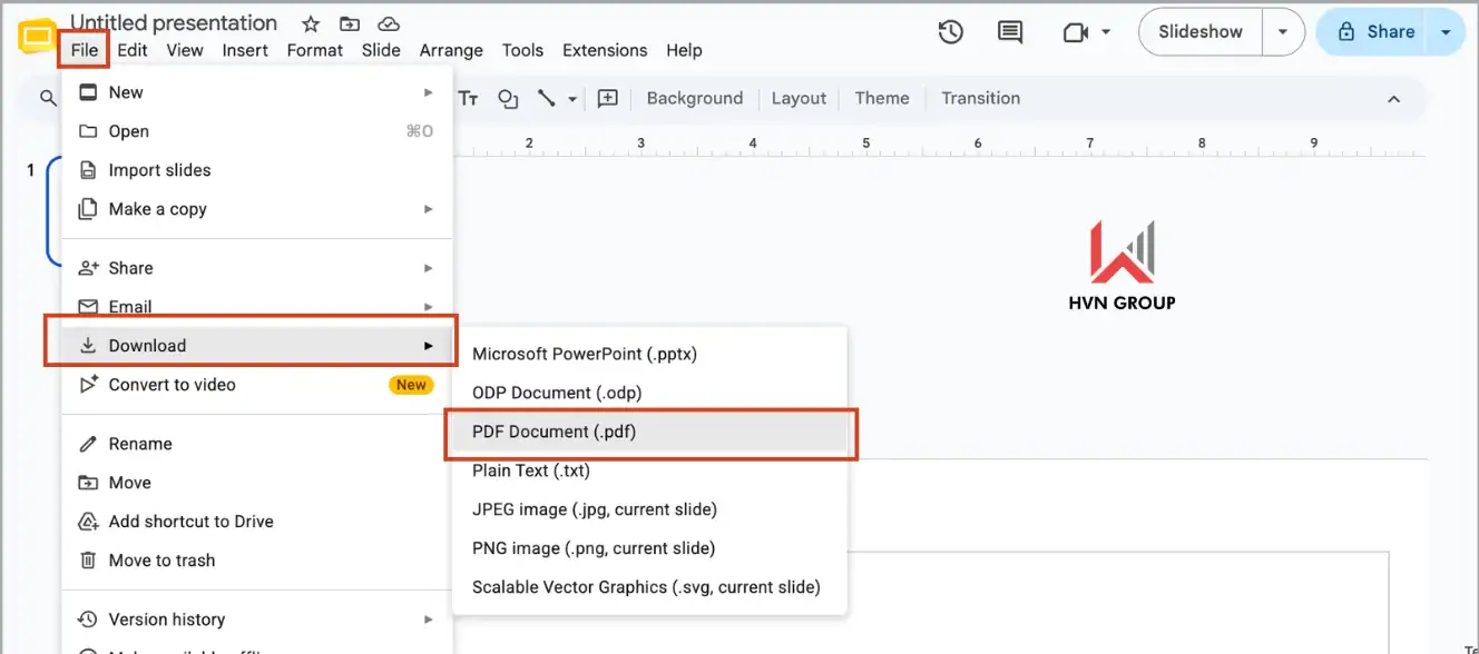 04 Cách giảm kích thước tệp Google Slides nhanh chóng và hiệu quả 11 Xuất bản trình bày dưới dạng PDF