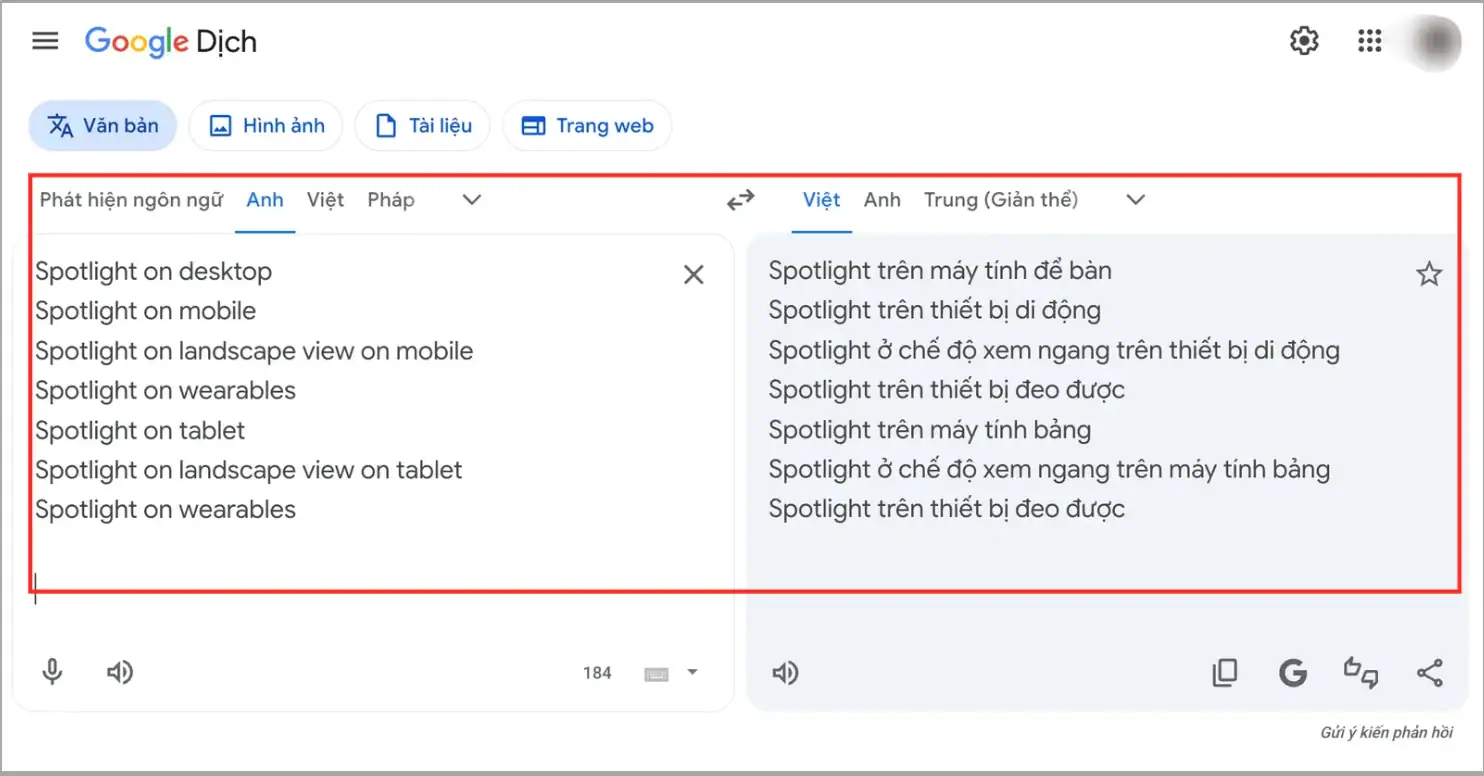 Dán và dịch bằng tổ hợp phím