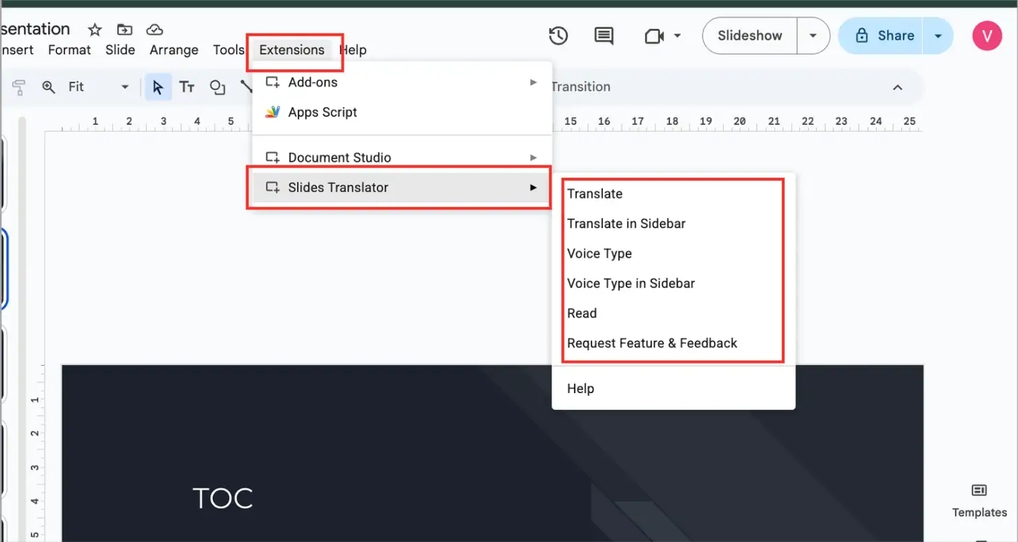 Nhấn tiện ích mở rộng và chọn Slides Translator