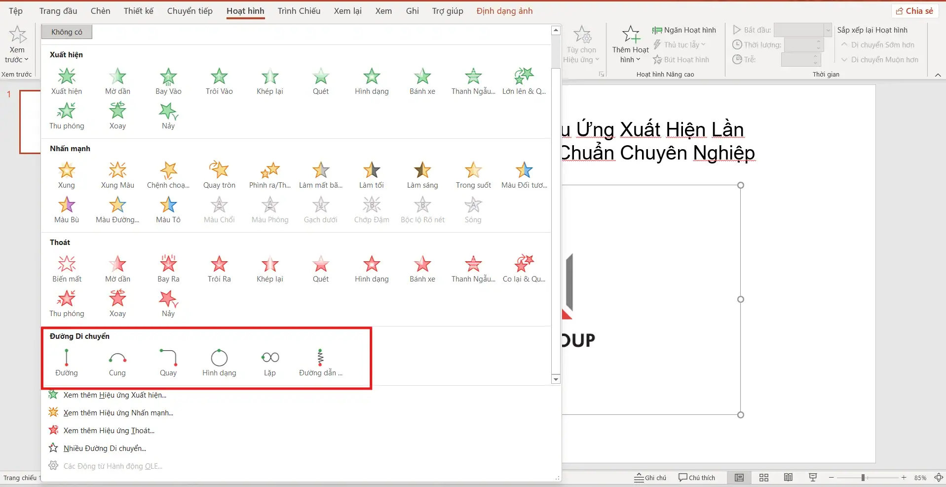 Các loại hiệu ứng trong phần mềm PowerPoint