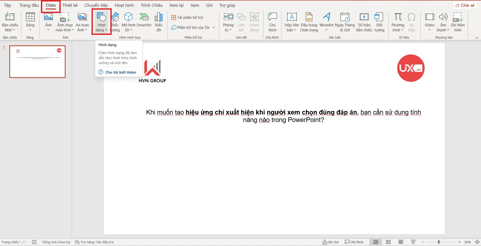 Cách tạo hiệu ứng câu trả lời đúng trong PowerPoint thủ công