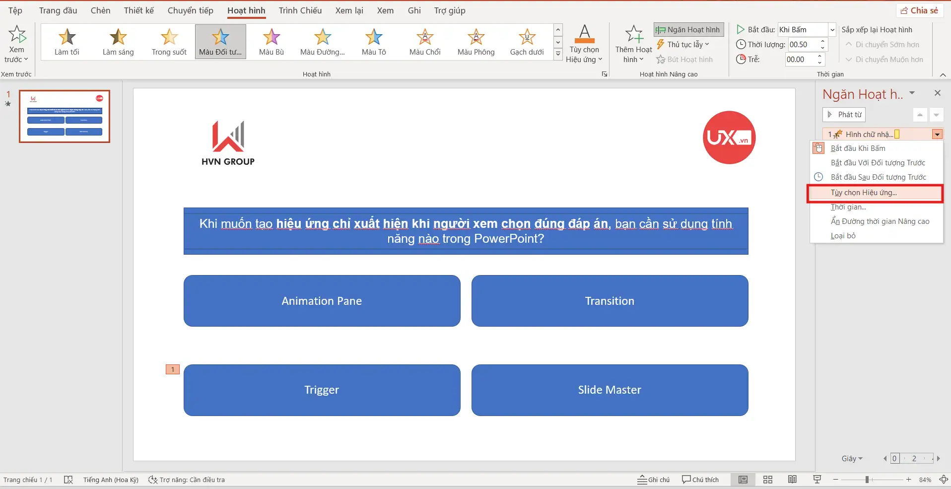 Cách tạo hiệu ứng câu trả lời đúng trong Ppt