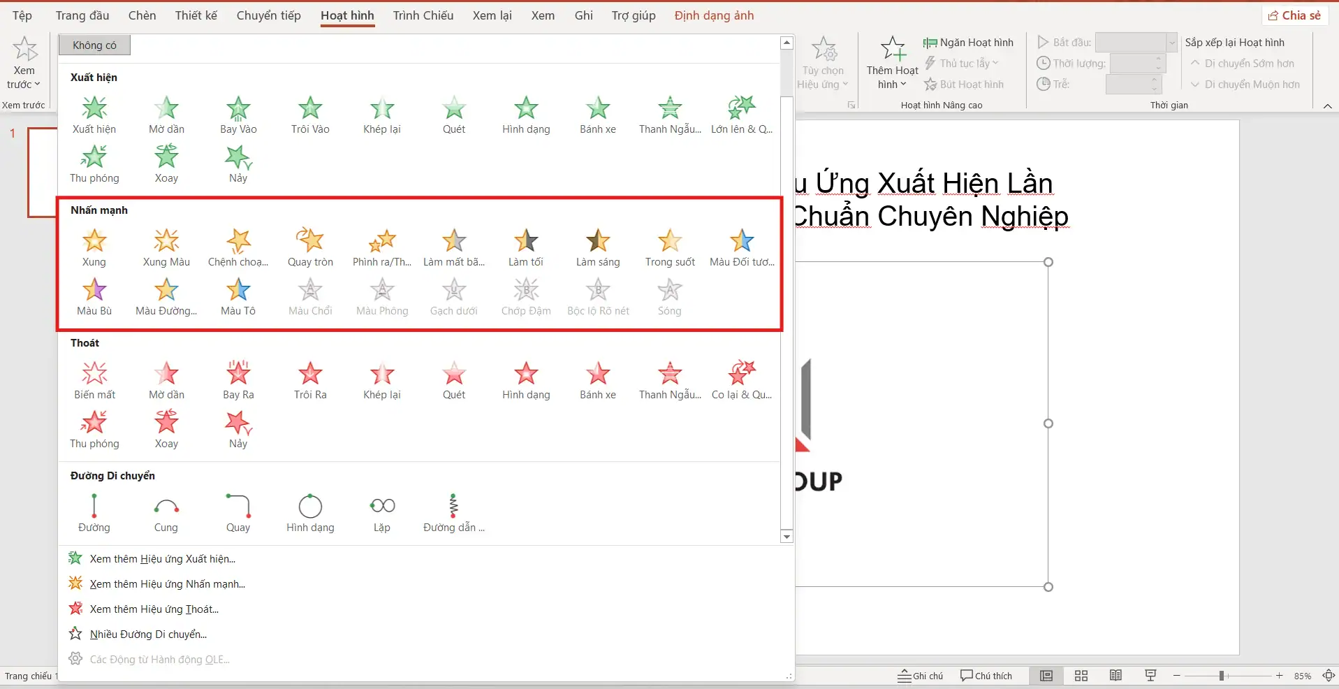 Chọn loại hiệu ứng trong phần mềm PowerPoint