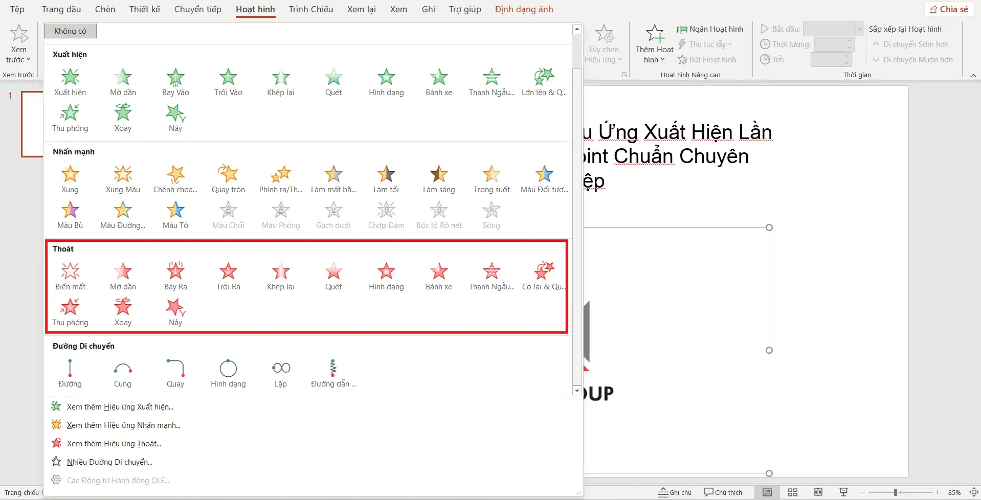 Hiệu ứng thoát trong PowerPoint