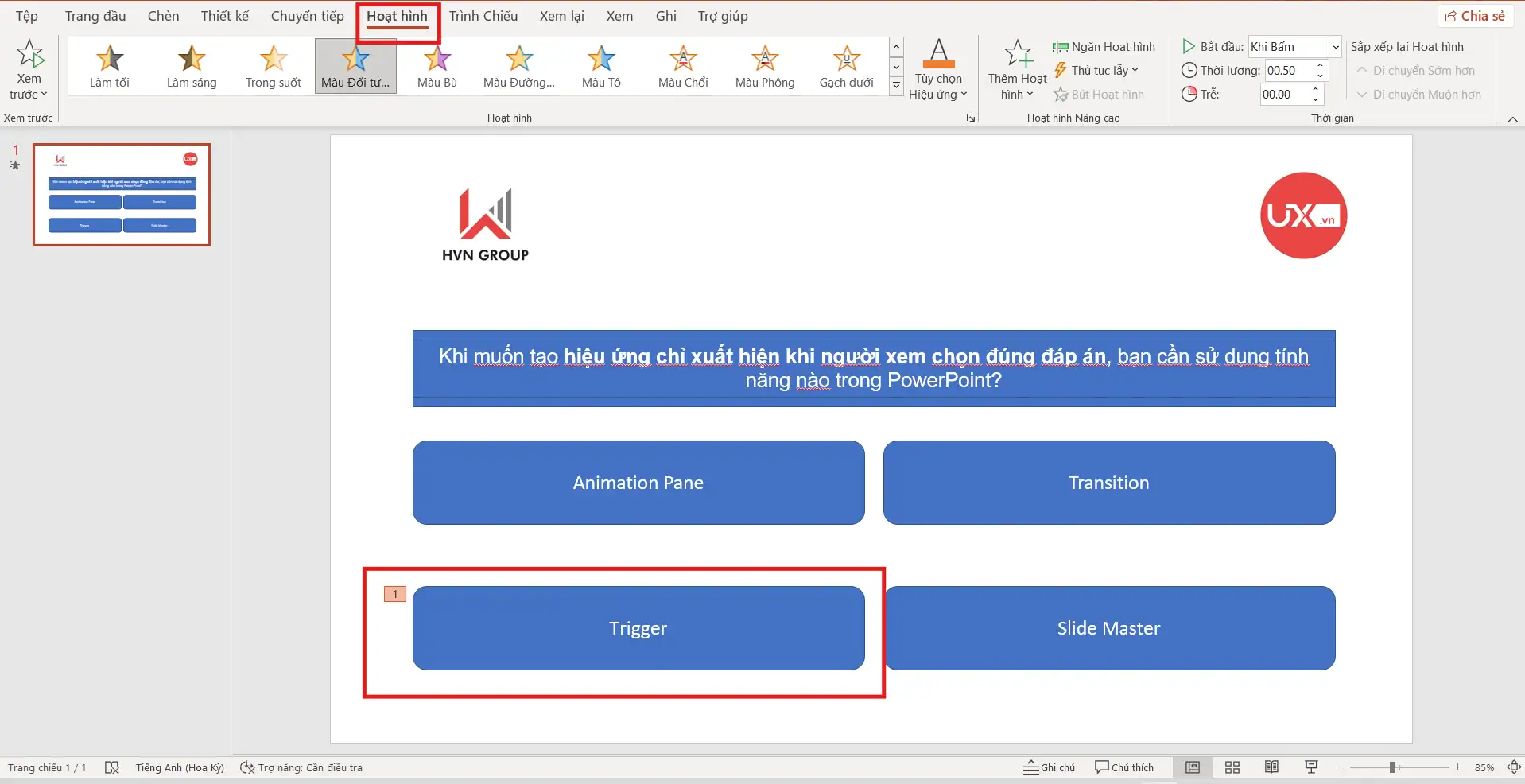 Tạo hiệu ứng câu trả lời đúng trong PowerPoint thủ công