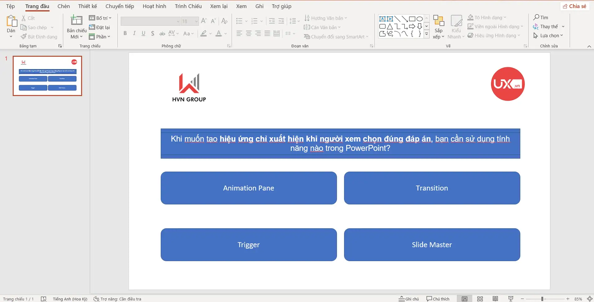 Tạo hiệu ứng câu trả lời đúng trong PowerPoint 