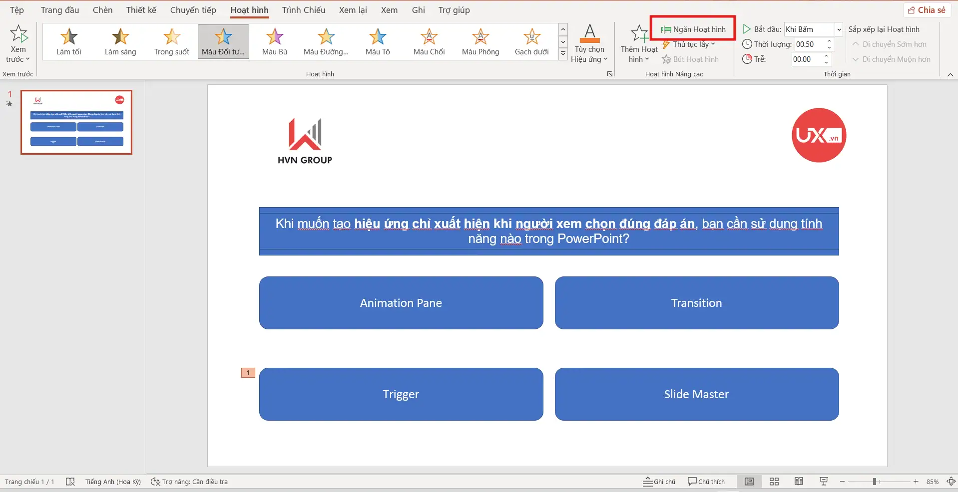 Tạo hiệu ứng câu trả lời đúng trong Ppt