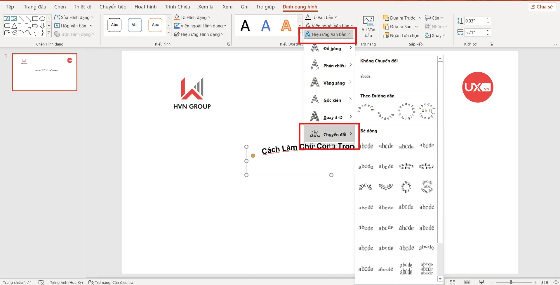 Cách để điều chỉnh độ cong của chữ trong Ppt