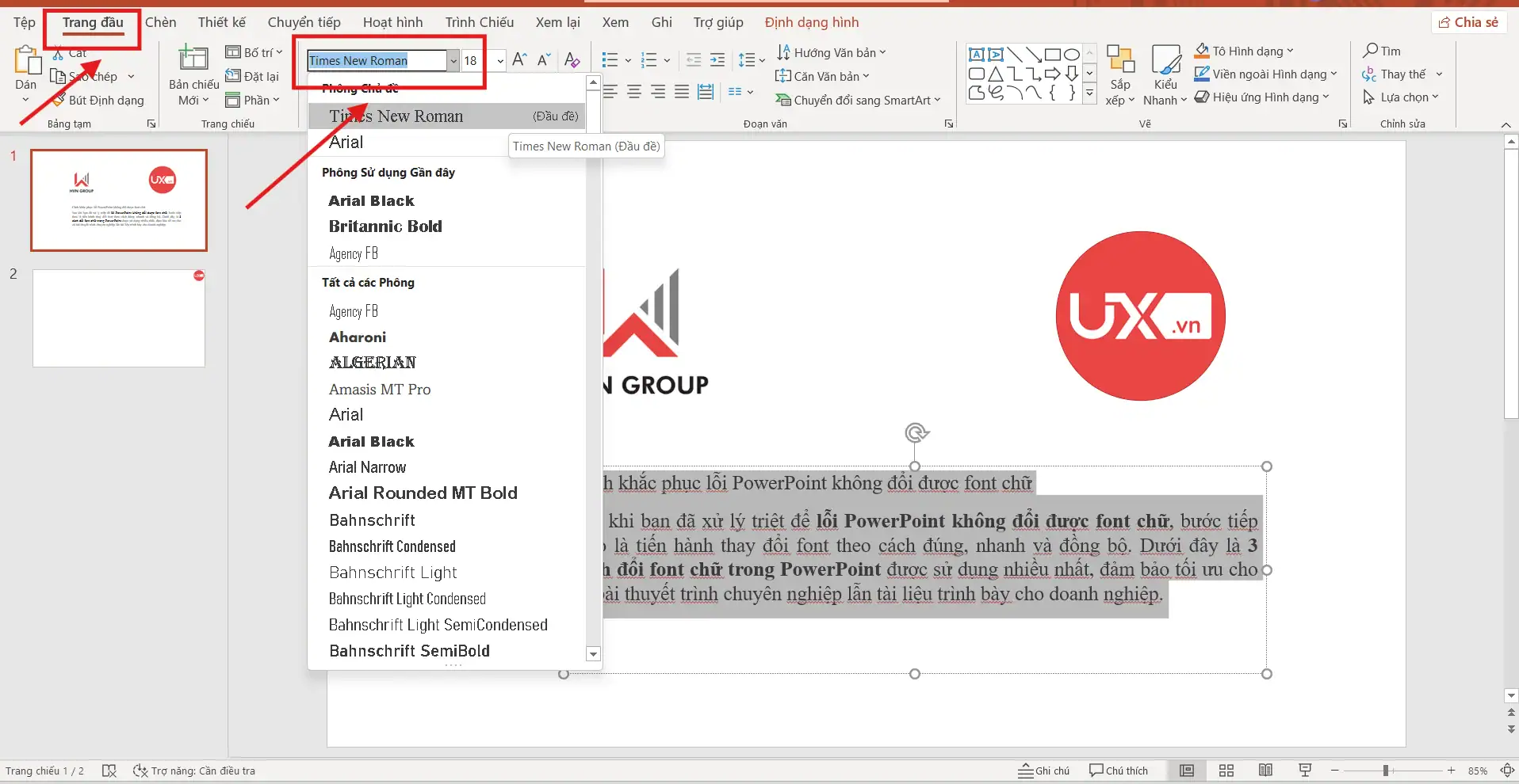 Cách đổi font chữ trong PowerPoint