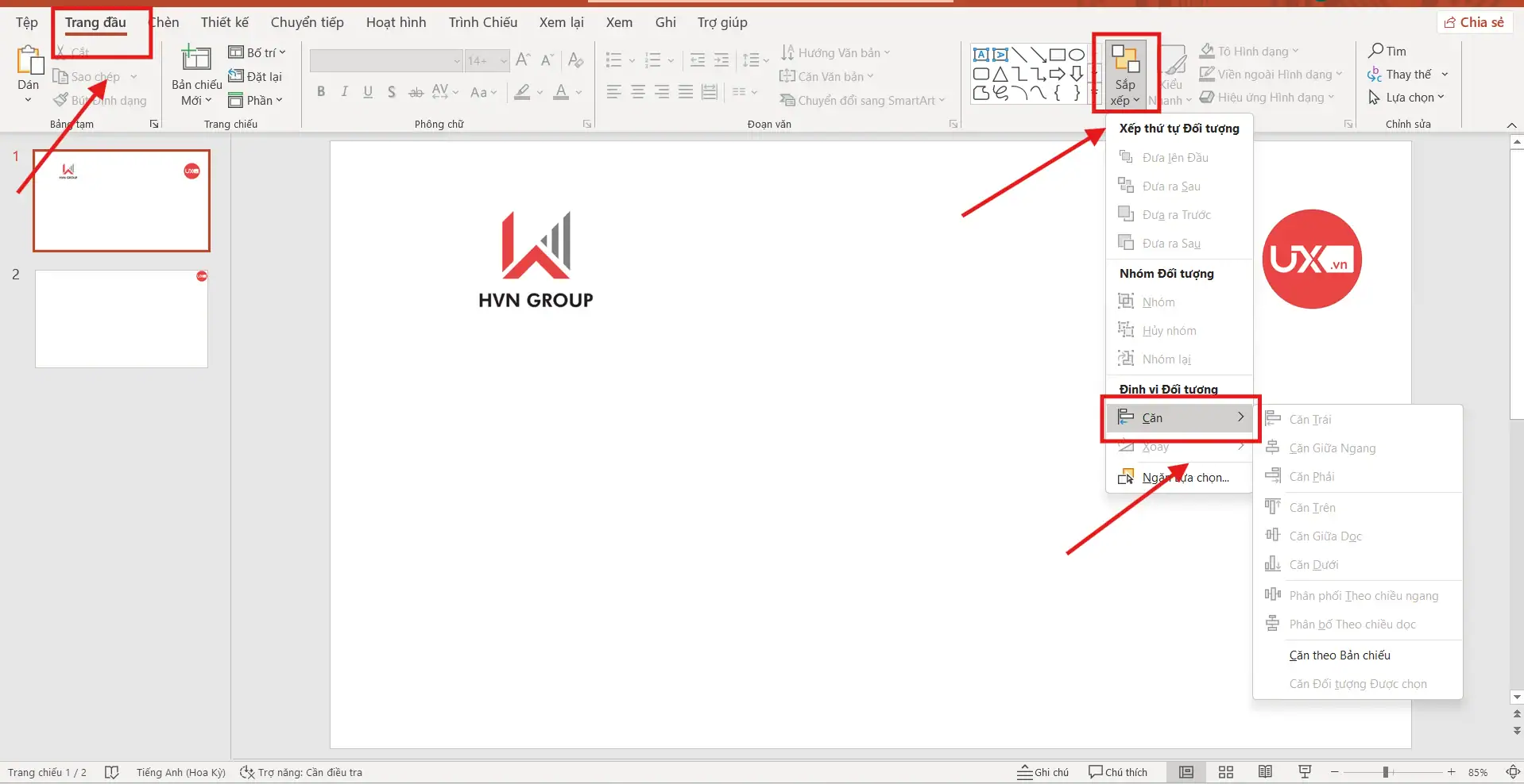Căn chỉnh Slide bằng công cụ Alignment
