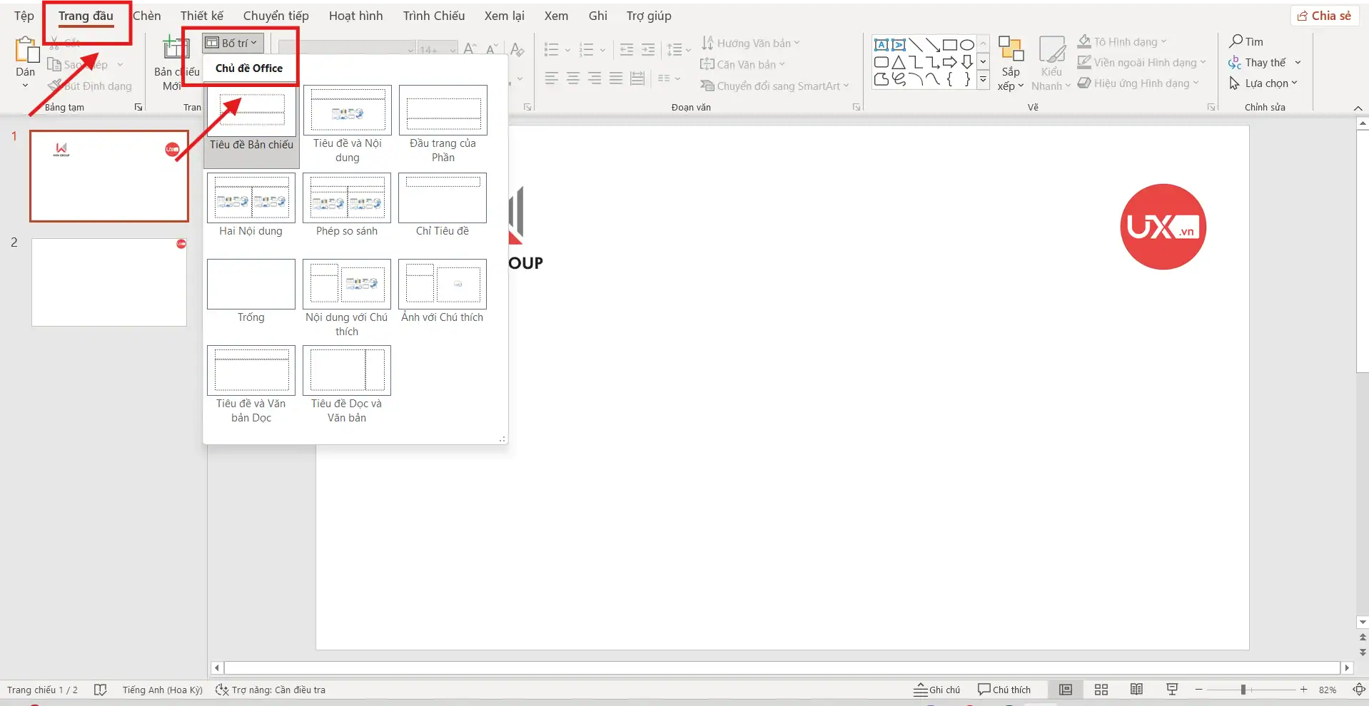 Chọn Layout có sẵn trong PowerPoint