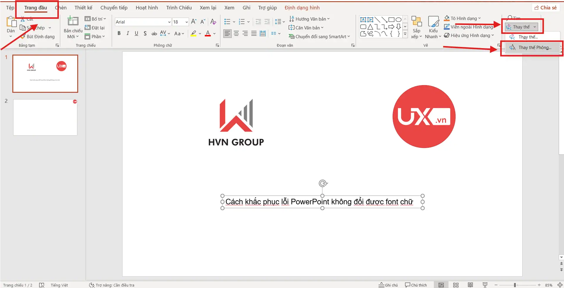 Đổi font chữ bằng Replace fonts