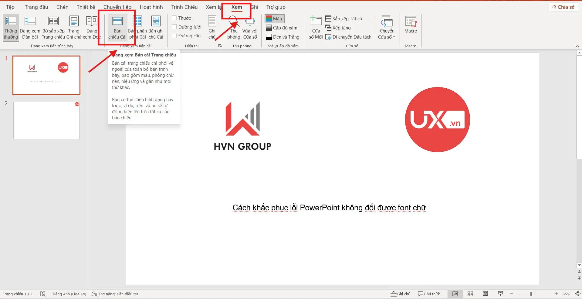Kiểm tra và chỉnh trong Slide Master