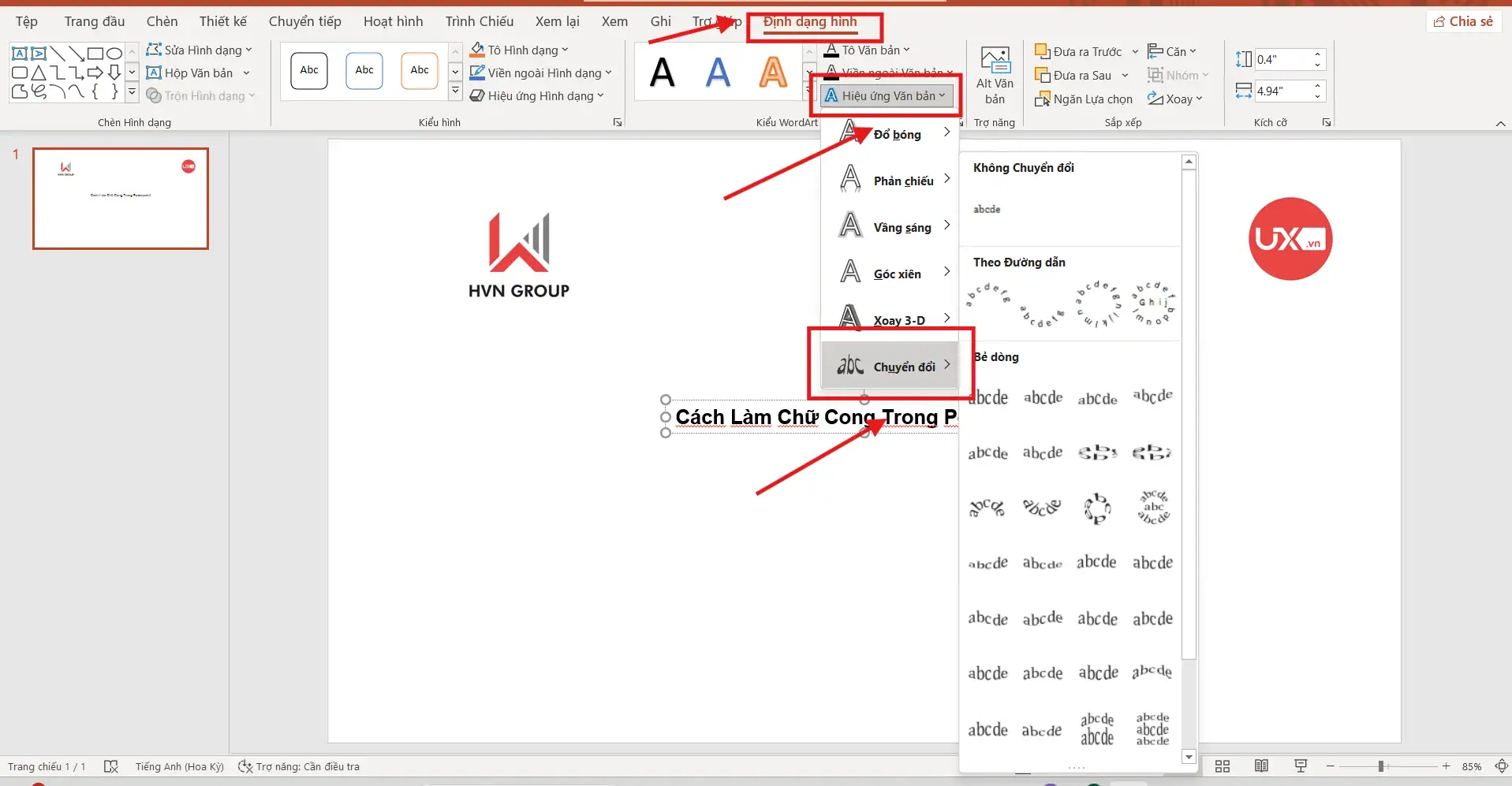 Làm chữ cong trong PowerPoint bằng WordArt