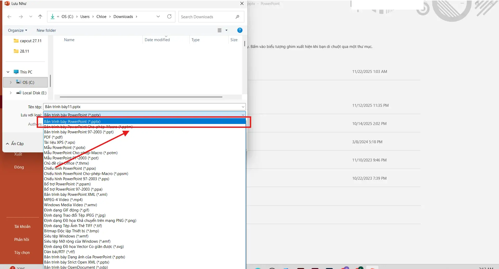 Lưu file sang định dạng pptx
