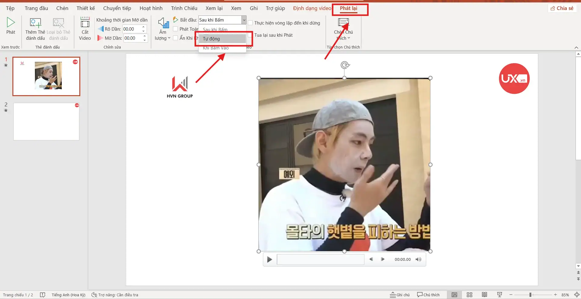 Slide có video nhưng chưa thiết lập tự chạy