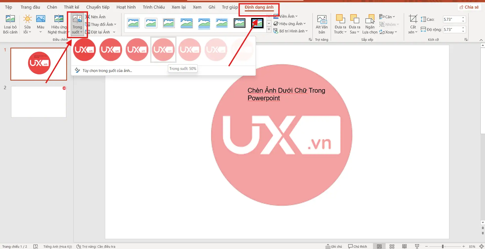 Chèn ảnh dưới chữ bằng cách điều chỉnh độ mờ