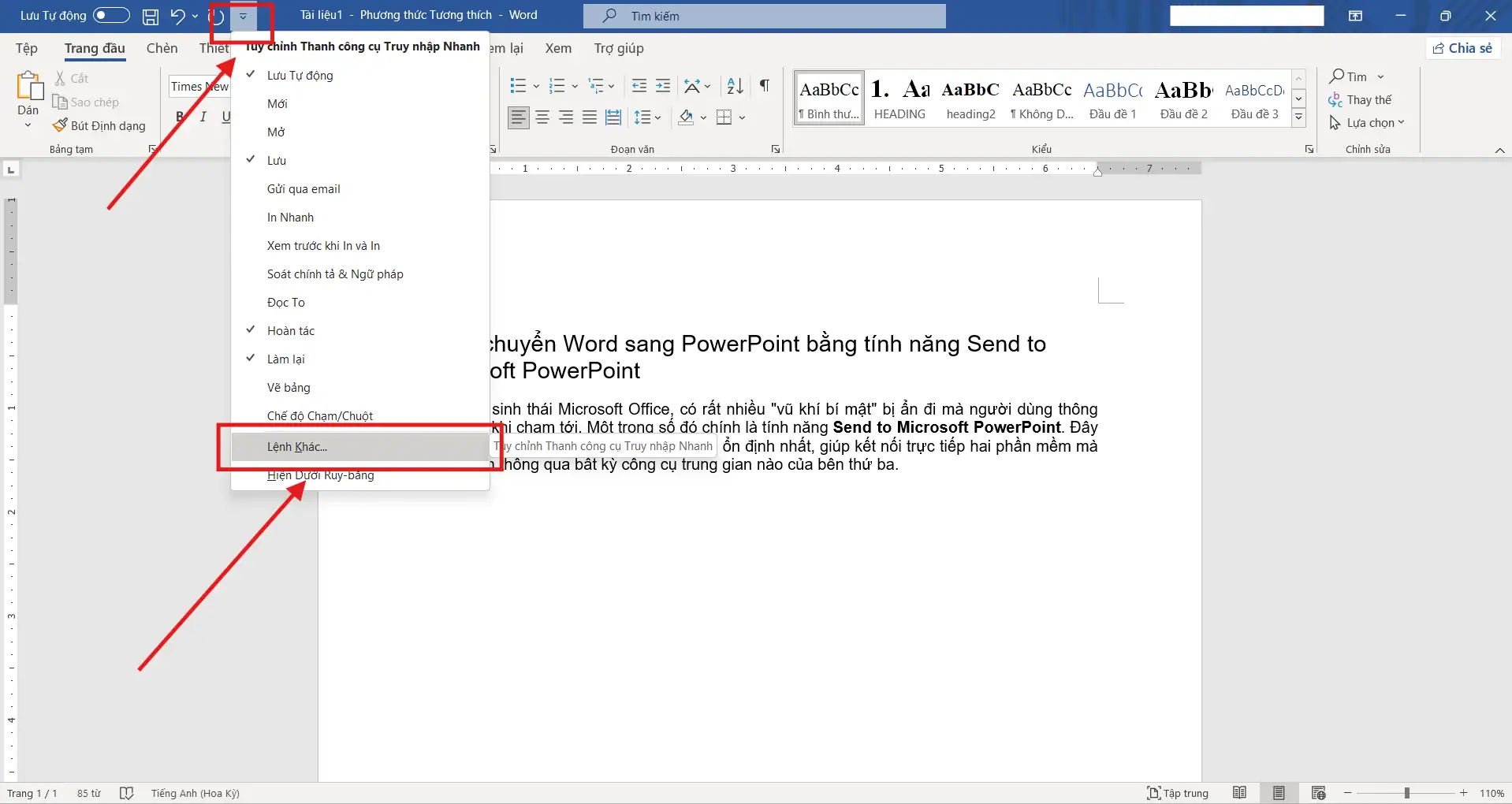 Chuyển Word sang Ppt bằng tính năng Send to Microsoft Ppt