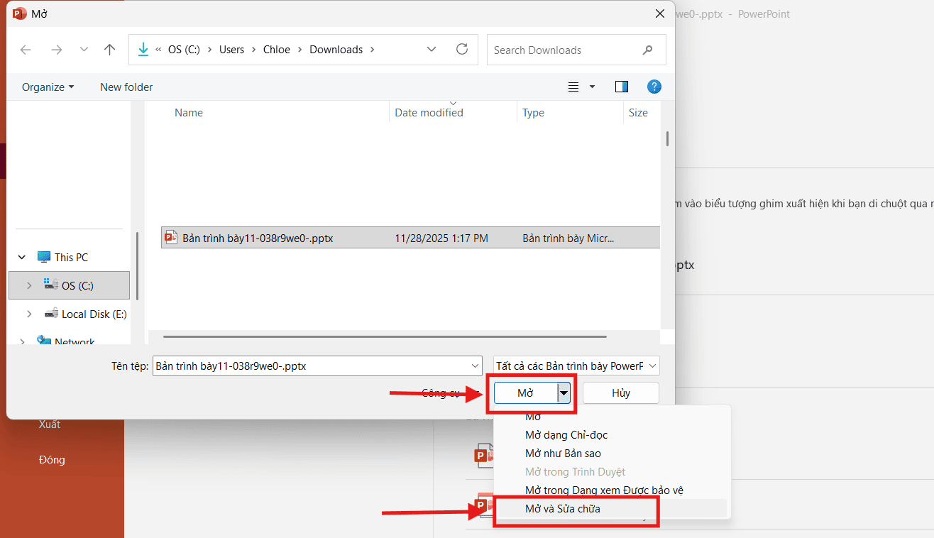 Dùng tính năng Repair của Ppt