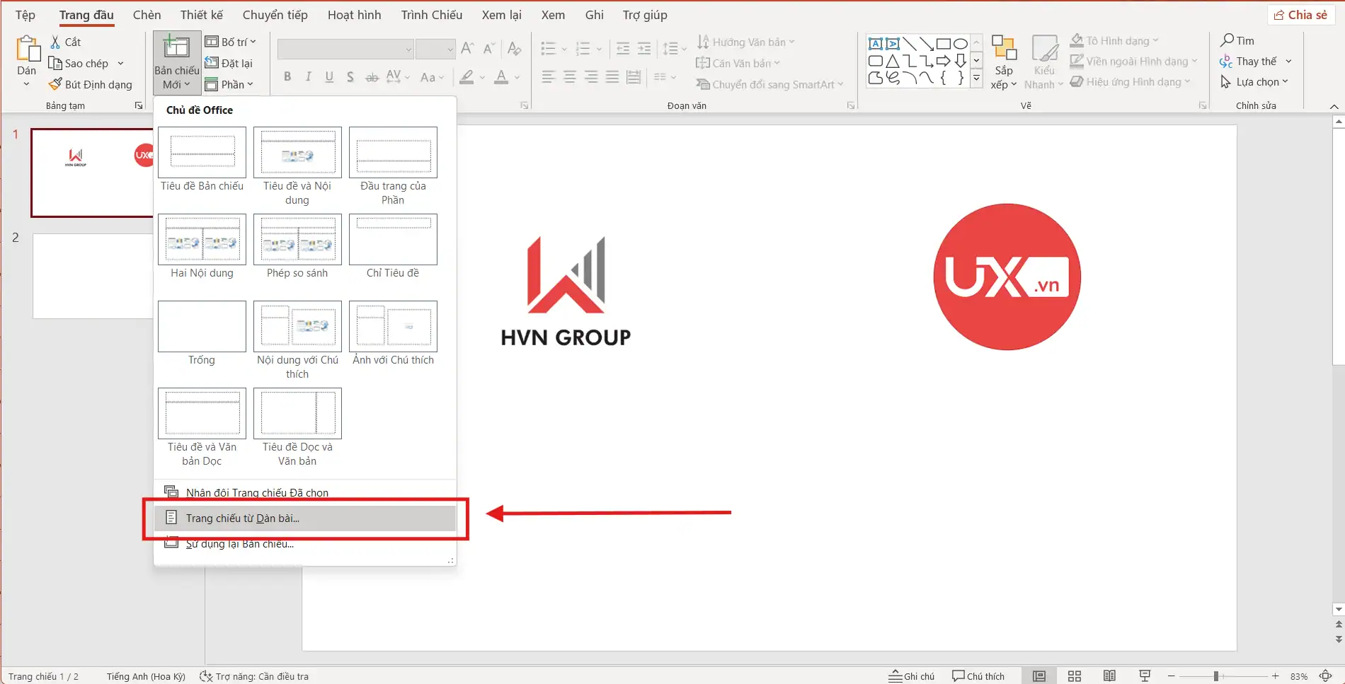 Kích hoạt lệnh Slides from Outline
