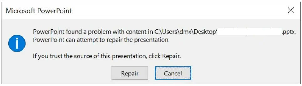 Lỗi PowerPoint found a problem with content
