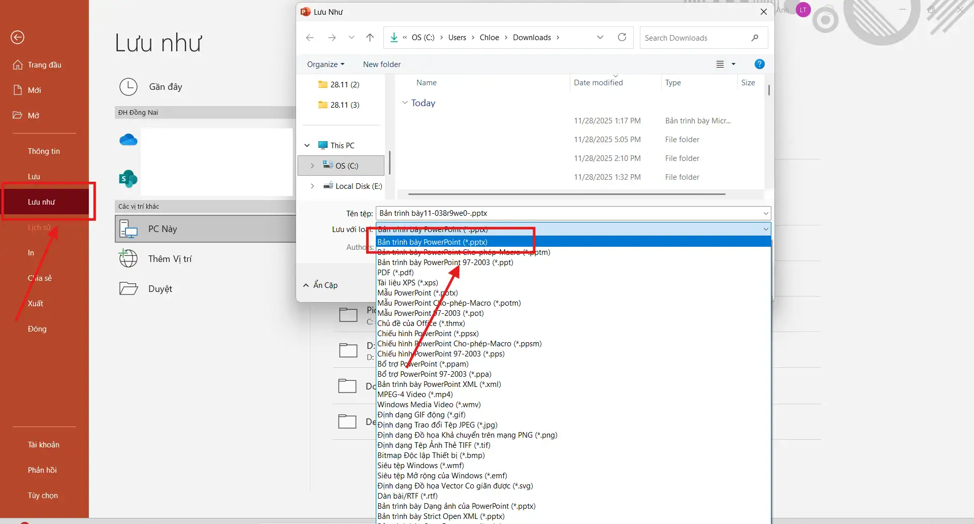 Lưu file dưới định dạng khác 