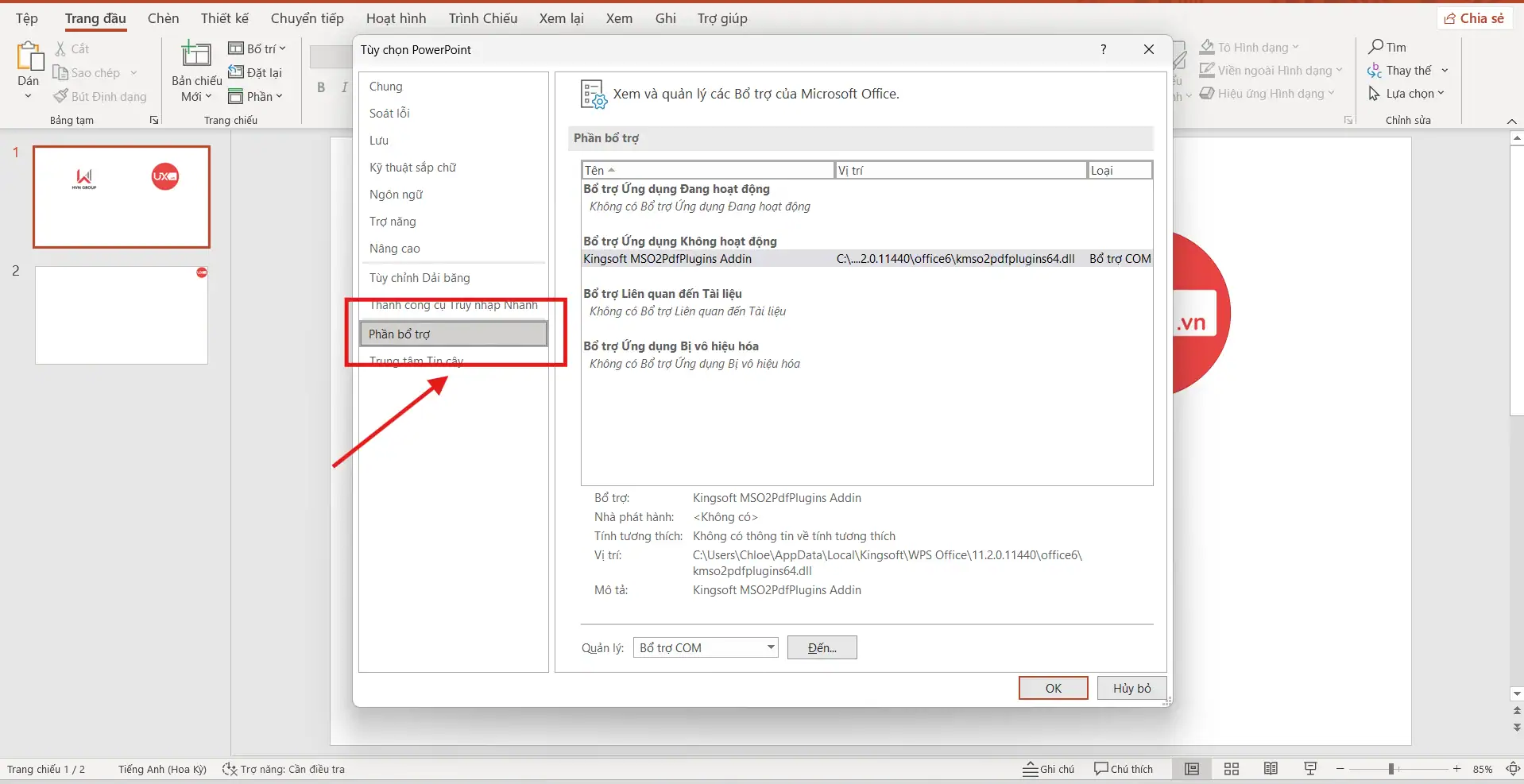 Tắt Add ins gây xung đột 1