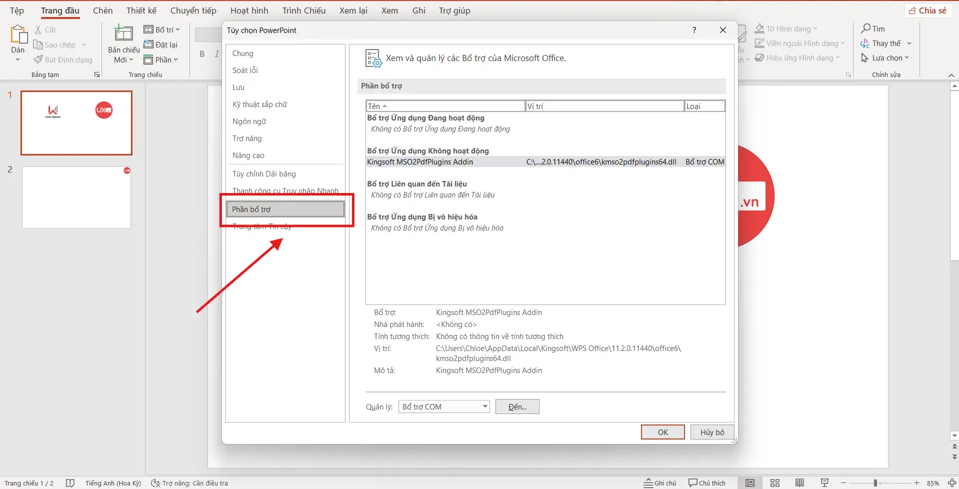 Tắt Add ins xung đột