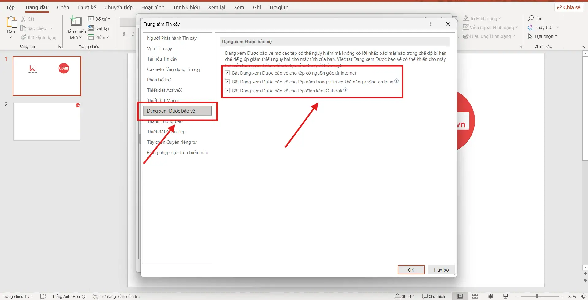 Vô hiệu hóa Protected view khi không mở được file