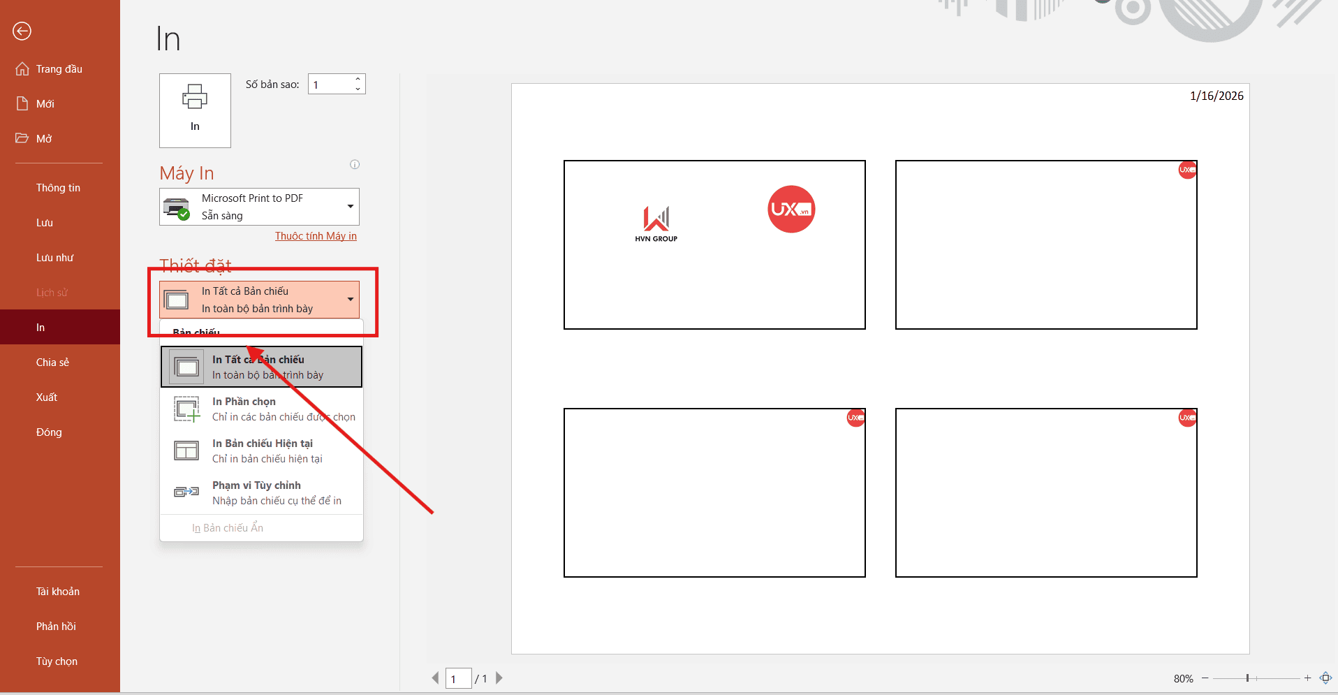 Cách in 4 Slide 1 trang