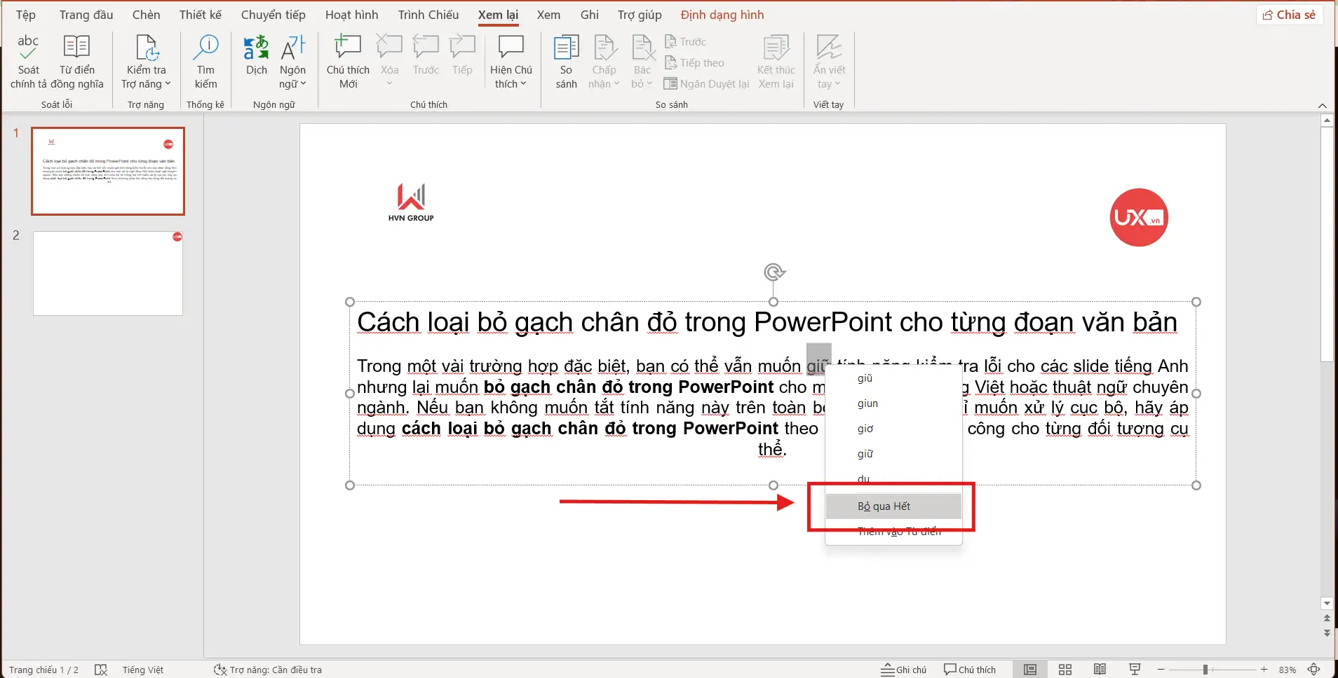 Cách loại bỏ gạch chân đỏ trong Ppt cho từng đoạn văn bản