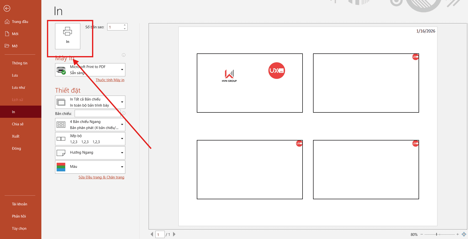 In 4 Slides PowerPoint trên 1 trang