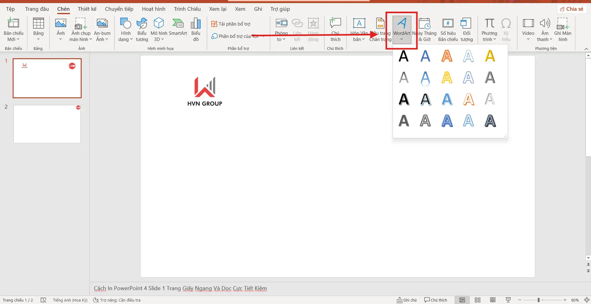 Kích hoạt thư viện nghệ thuật WordArt