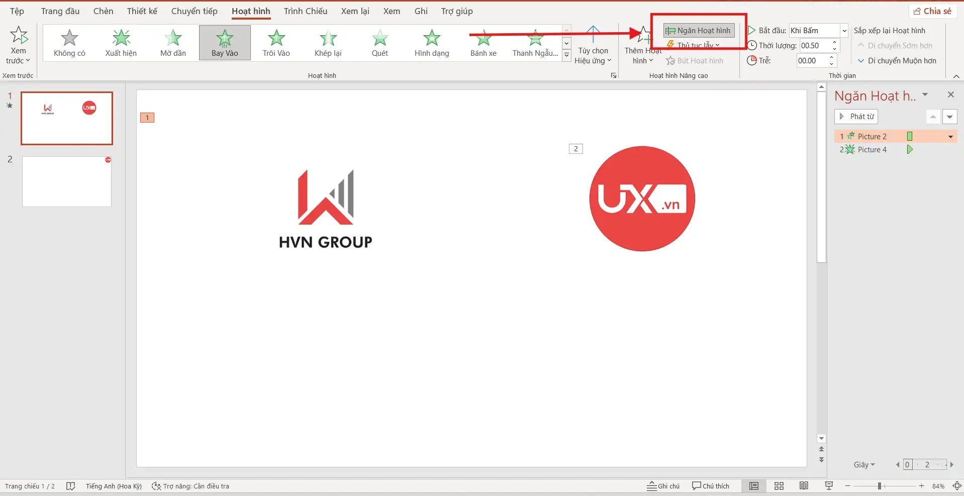 Kiểm tra bằng điều khiển Animation Pane