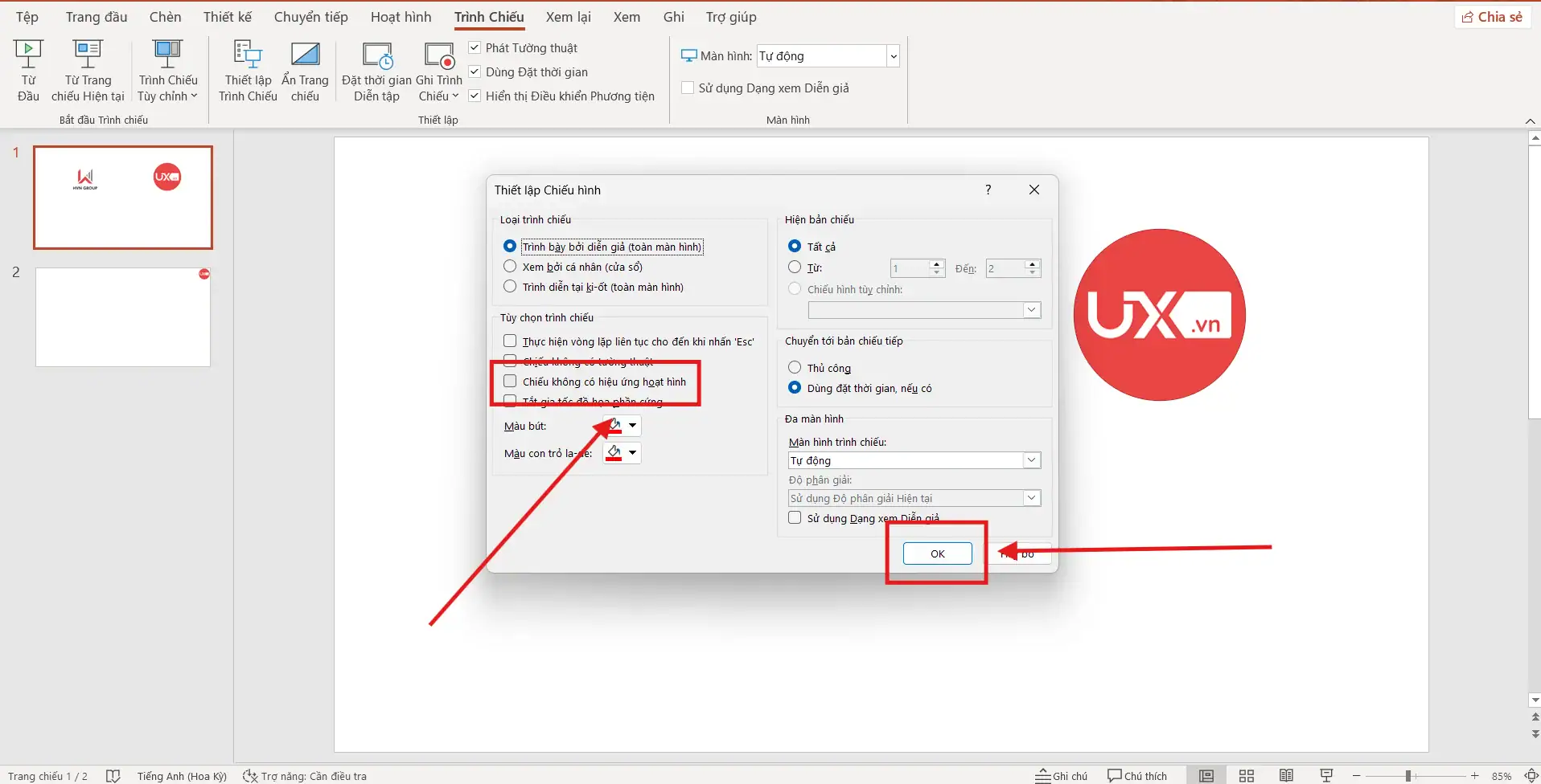 Kiểm tra cài đặt Slide Show