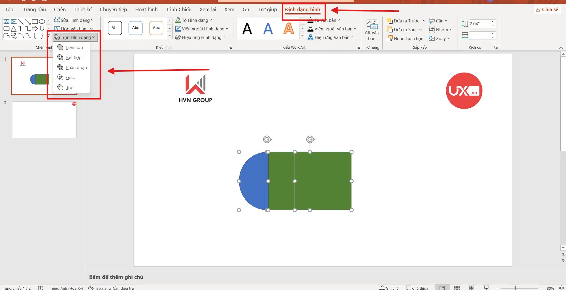 Mở Merge Shape trong Ppt