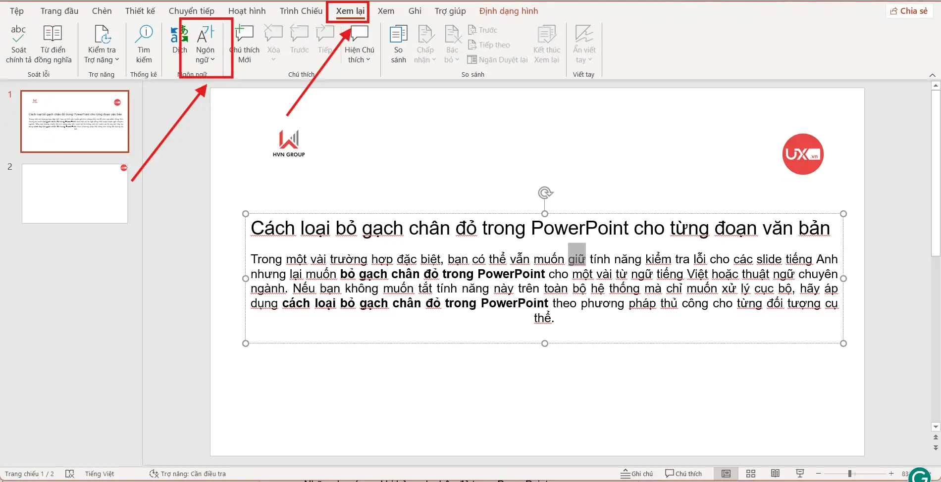 Tắt sửa lỗi chính tả trong PPt bằng cách chuyển đổi ngôn ngữ