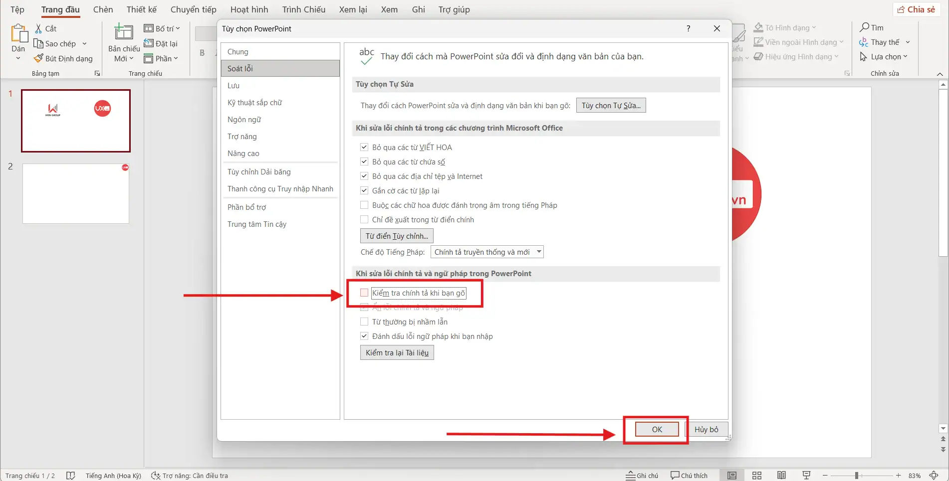 Tắt sửa lỗi chính tả trong Ppt