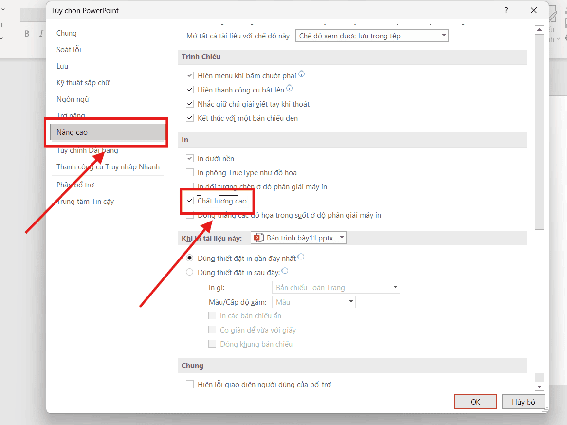 Đặt chế độ chất lượng cao
