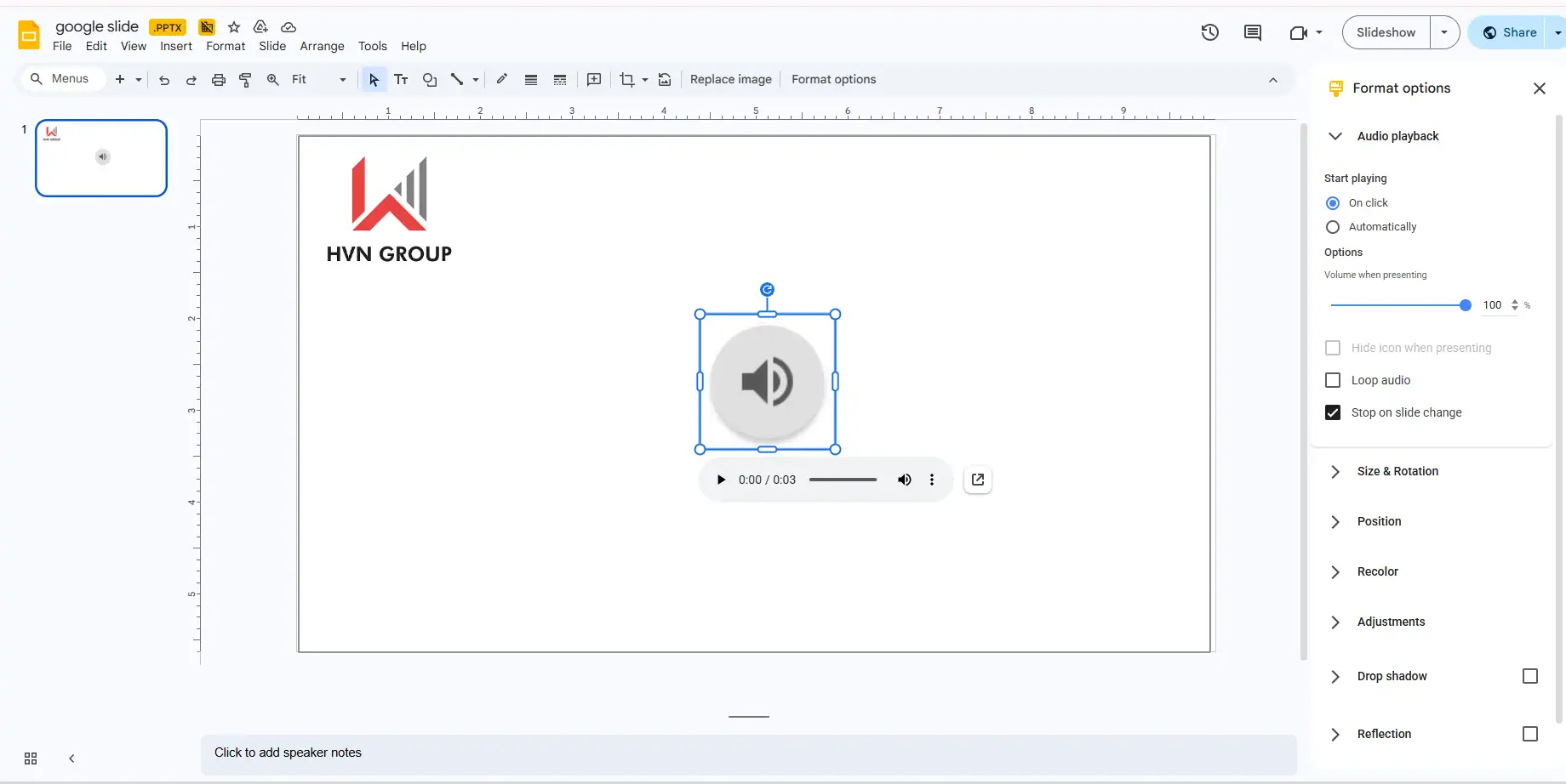 Chèn âm thanh trong gg slide