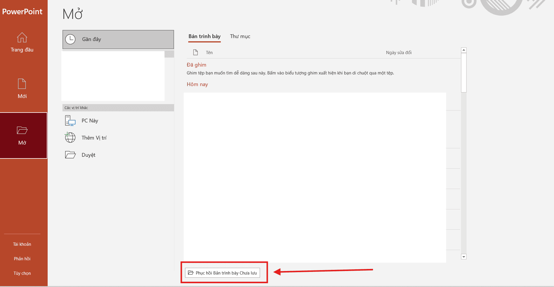 Phục hồi bản trình bày chưa lưu