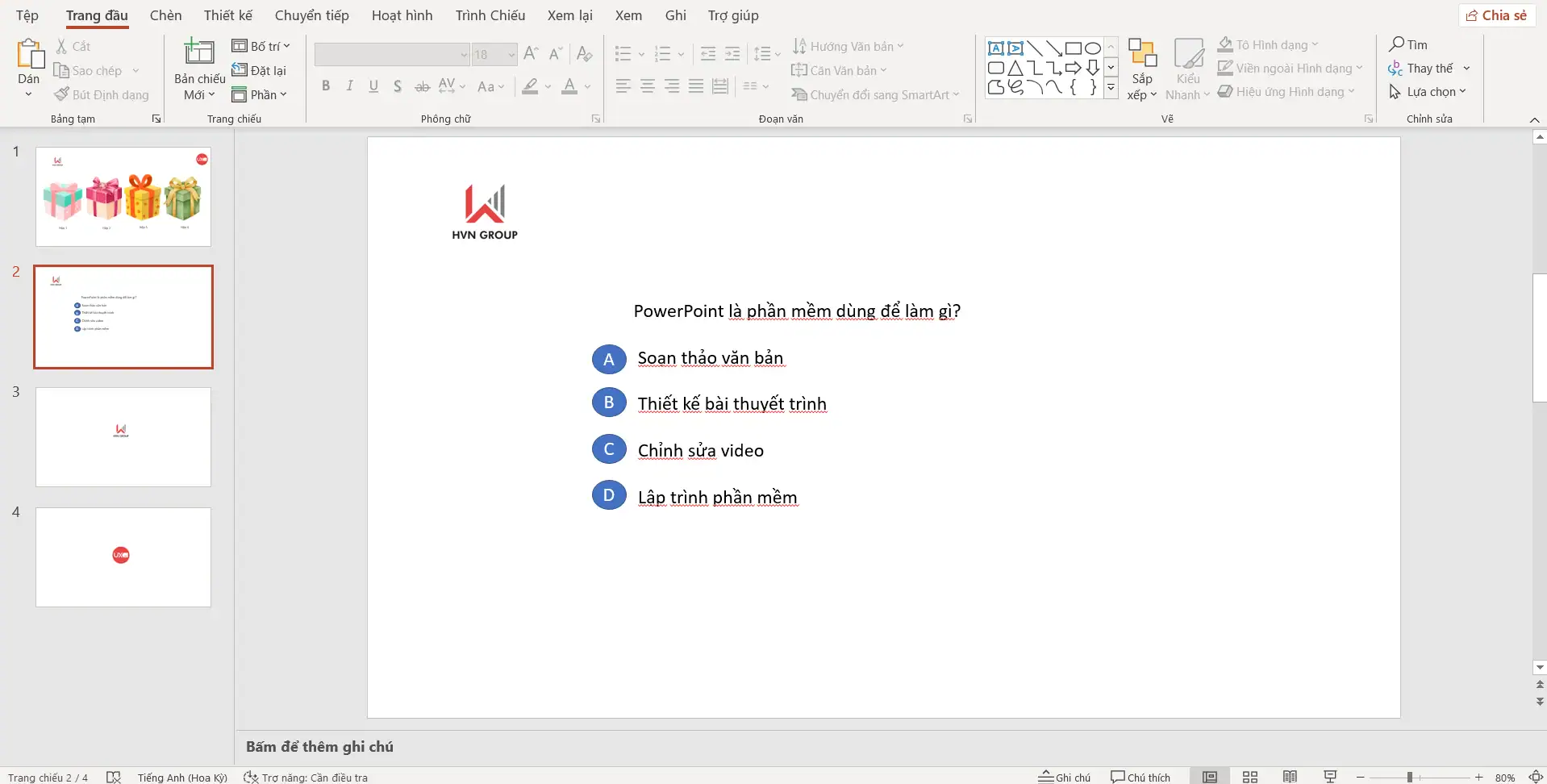 Tạo câu hỏi ở slide khác